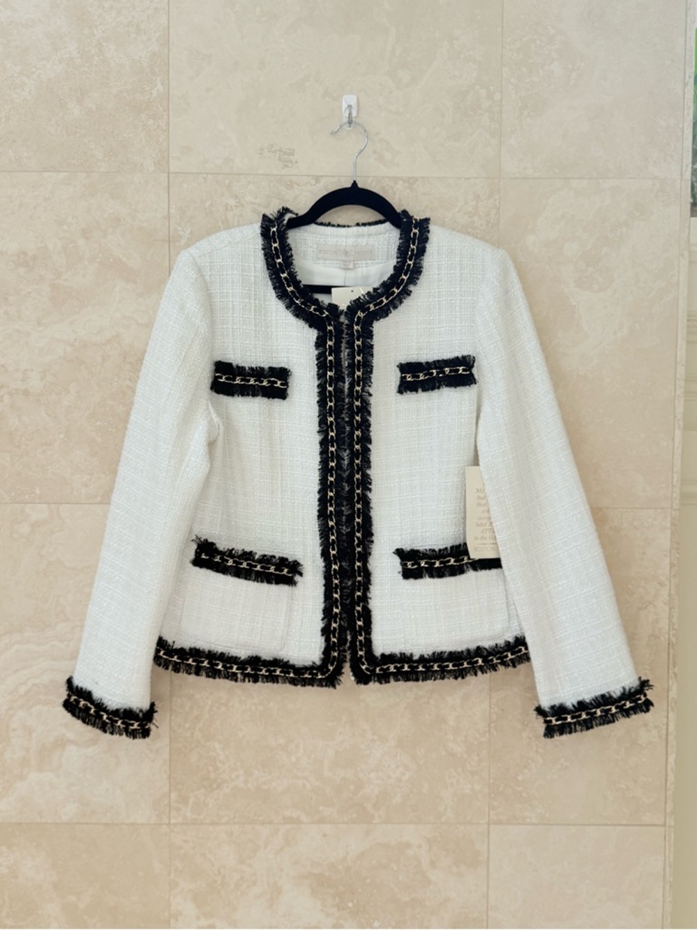 Boston Proper White Tweed Jacket with Black Trim